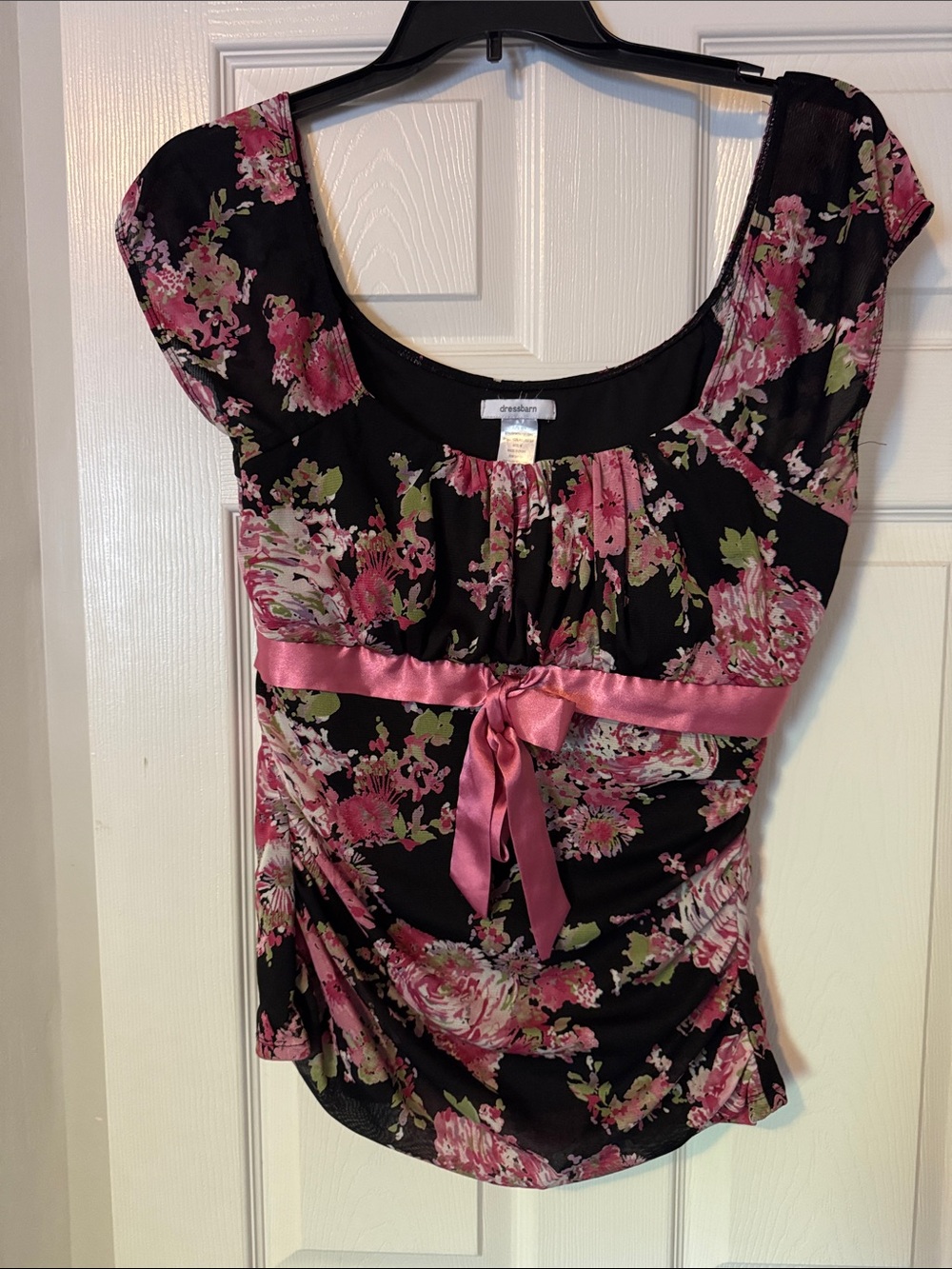 dressbarn Black Floral Scoop-Neck Top with Pink Satin Tie